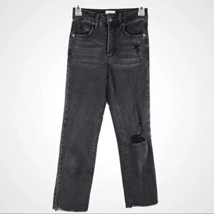 Cotton On 91 Mid Slim Straight Black Distressed Raw Hem Jeans Womens Size 2